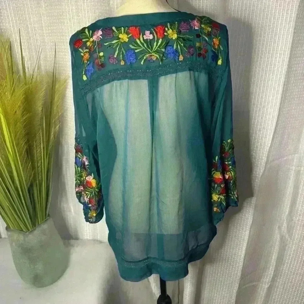 Anu Gorgeous Women’s Turquoise L/S Rayon Chiffon Embroidered Sheer Large Top - Picture 8 of 14